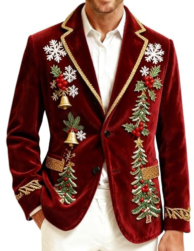 BIBOKAOKE Christmas Blazer Men's One Button Turndown Collar Christmas Jacket Cord Christmas Jackets Suit Jacket Leisure Suit Jacket Slim Fit Long Sleeve Jacket New Year's Eve Christmas Shirt, Style