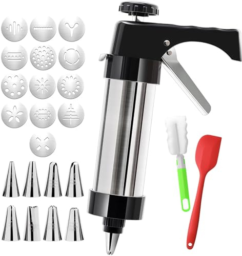 BOSREROY 15 in (38 Cm) Cookie Press Gun Kit, Baking Icing Gun Set with 8 Piping Tips, Brush, Spatula, 13 Discs Stainless Steel Spritz