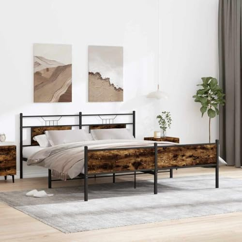 Bucmath Rökek med metallsäng, 183 x 213 cm, stabil stålsängram med ribbotten, modern plattformssäng för sovrum, hållbara möbler