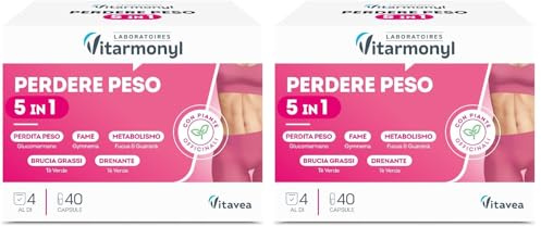 Perdere Peso 5 in 1 - Controllo della Linea - Brucia Grassi - Drenante Forte - Per il Metabolismo e Peso Forma - Con Glucomannano, Guaranà e Tè Verde - Confezione 40 Capsule - Vitarmonyl