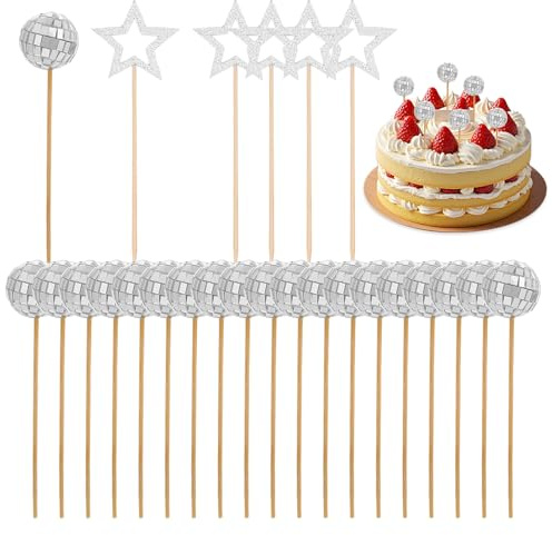 25 Pcs Disco Ball Decorations & Star Cocktail Sticks 70s Theme Mini Shiny Disco Ball Cake Decorations with Sticks for Birthday Wedding Theme Party Cake Dessert Supplies (Silver)