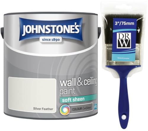 Silver Feather Johnstone’s Wall & Ceiling Soft Sheen Paint 2.5L + 3 Brush – Subtle Sheen Finish, Durable & Washable, Quick Dry, Low Odour Interior Paint for Walls & Ceilings