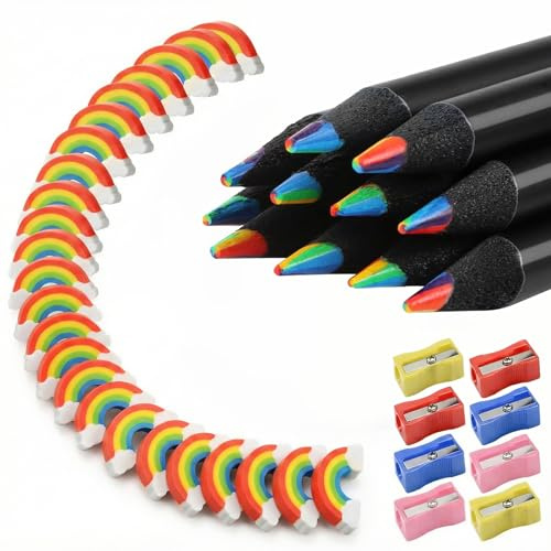 Katyjun Regenbogenstifte Kinder 80 Stück Set Enthält 36 Stück 7 in 1 Regenbogenstifte Für Malen und Ausmalen 36 Regenbogen Radiergummi 8 Rollenmesser Als Lernmaterial Kindergeschenk Schülerbelohnung