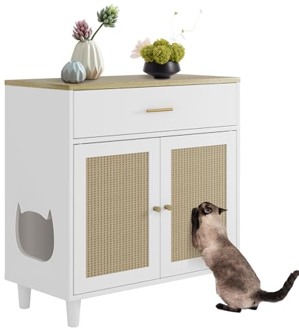 Mueble Litiere gato con 2 ratán, puerta de baño, gato oculto de madera con cajones, armario de arena con orificio de entrada lateral, mesa auxiliar para sala de estar, dormitorio, baño (82,5 x 80 x 40