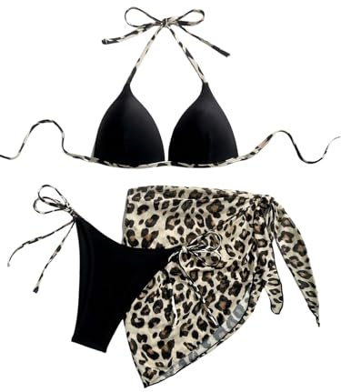 GORGLITTER Damen Triangel Bikini Set Push Up Mit Leoparden Rock 3 Teiliger | Neckholder Bikinitop, Tanga Bikinislip, Sommer Badeanzug Damen, Strand Swimsuit Set Für Damen