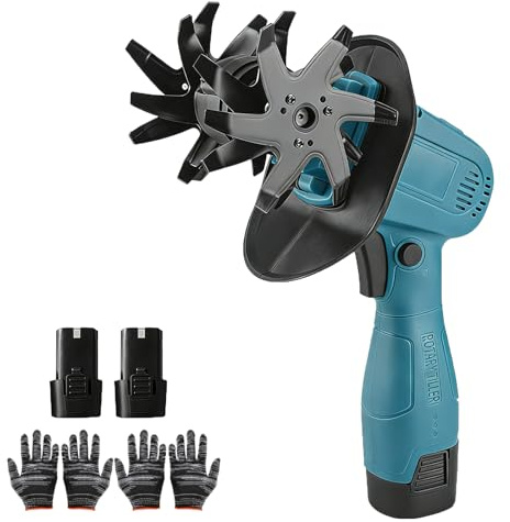 Cultivador de Mano de 16,8 V/21 V, Minicultivador Inalámbrico con 2 Baterías, Ancho de Labranza de 12,8 Cm, Profundidad de 10,3 Cm, Rotavator Eléctrico de Jardín, Cultivador de Cultivadors 2*1500mAh