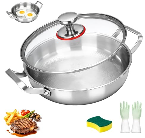 CISSIYOG Poêle à frire en titane de 28 cm avec motif martelé | poêle en titane non revêtue avec éponge à récurer, gants et couvercle, compatible avec tous les types de plaques de cuisson