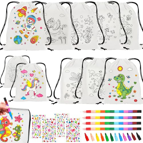 XIEXIESHER 8 Taschen Beutel Zum Bemalen 4 Wachsmalstifte Stapelbar 12 Farben In 1 4 Glitzersteine Stofftaschen Zum Bemalen Partygeschenke Bastelset und Mitgebsel