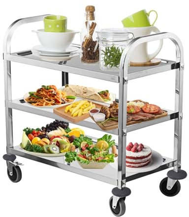 HLC 3 Tier Stainless Steel Serving Catering Trolley Wheels Utility Cart Kitchen Cart Serving Trolley with Locking Wheels for Kitchen Hotels - 750x400x835MM
