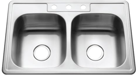 Houzer 3322-8BS3-1 Glowtone Series Topmount Stainless Steel 3-hole 50/50 Double Bowl Kitchen Sink, 8-Inch Deep