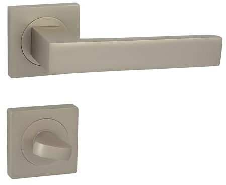 domino Türgriff Drückergarnitur WC - Badezimmer Set quadratische Rosette für Badezimmertüren Set WC - Rosetten-Garnitur Türbeschläge aus Aluminium Satin Nickel Velvet QUBIK-QR M91