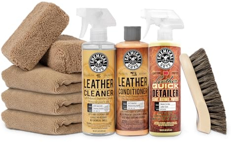 Chemical Guys Leather Cleaner and Conditioner Detailing Kit - Leather Care Kit For Natural, Synthetic, Faux, Pleather, and More for Car Interiors, Apparel, Furniture, Boots & Accessories - 9 Items