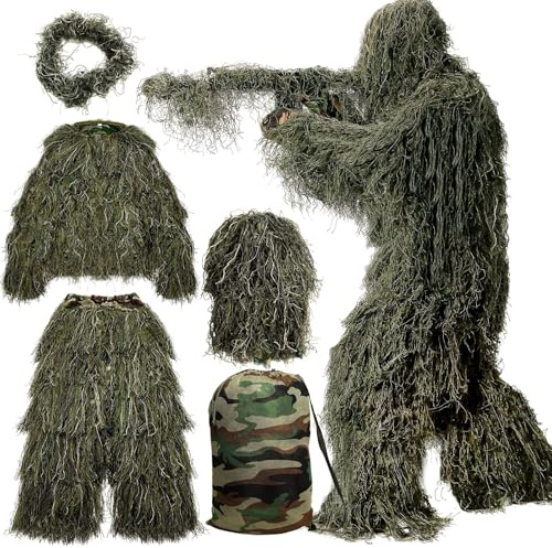 MOPHOTO Traje Ghillie 5 en 1, vestido de caza de camuflaje 3D incluyendo chaqueta, pantalones, capucha, embalaje de rifle 5 en 1 (mediano o grande) verde bosque