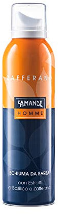 L'AMANDE - Schiuma da Barba Delicata e Tonificante, Schiuma da Barba Uomo con Estratto di Basilico, Emulsione Delicata contro Irritazioni, Favorisce la Scorrevolezza del Rasoio, Zafferano 200 ml