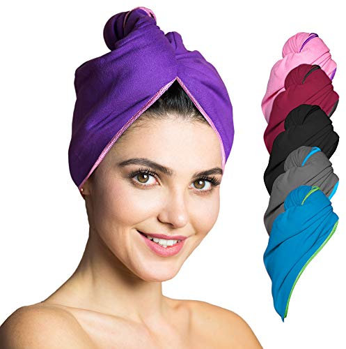 Fit-Flip Toalla Turbante para el Secado rápido de Cabello, Toallas de Microfibra Ultra Absorbente para Pelo, con botón – 1 Pieza – púrpura con Borde Rosa