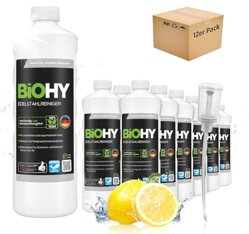 BiOHY Edelstahlreiniger (12 x 1 Liter) + Dosierer | Edelstahlpflege für streifenfreien Glanz | ideal für Küche, Töpfe oder Grill | Edelstahl reinigen in Gastronomie & Haushalt
