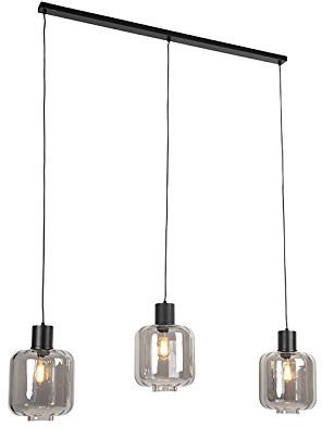 Qazqa Esstisch Design Pendelleuchte, Pendellampe - Qara - Schwarz mit Rauchglas, 3-flammig, 140cm, Ideal als Esszimmerlampe und