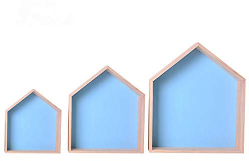 SWECOMZE 3er-Set Wandregal Hausform Regalbox Hausform Holzhaus-Regal Wand für Kinderzimmer Baby DIY Dekoration (Himmelblau)