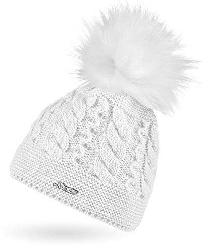 Neverless® Damen Strick-Mütze mit Zopfmuster gefüttert mit Fleece Pelzbommel Kunstfell Winter-Mütze Bommelmütze Weiss