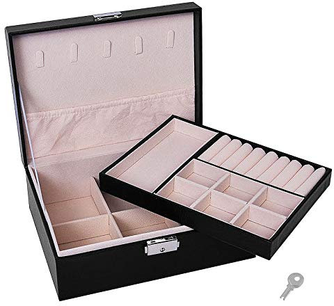 Emsmil Scatola Portagioie in Pelle PU Rivestimento in Velluto 2 Strati Nero Cofanetto Portagioielli con Serratura Gioielli Porta Organizer per Donna Bambina Orecchini Anelli Collane Bracciali