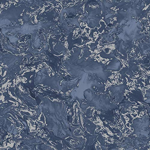 YöL Liquid Marble Effect Navy Blue Silver Wallpaper Elixir Metallica Modern