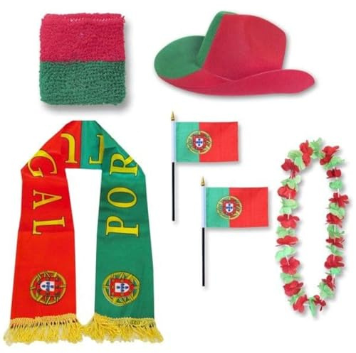 Sonia Originelli Fanset Fanartikel Fanhut Blumenkette Fanschal Schweißband Fähnchen WM EM Farbe: Portugal