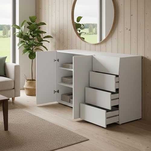 Dmora Buffet moderne, Buffet design avec 2 portes et 4 tiroirs, Made in Italy, Meuble TV, Buffet de salon, 124x40h82 cm, couleur blanc brillant