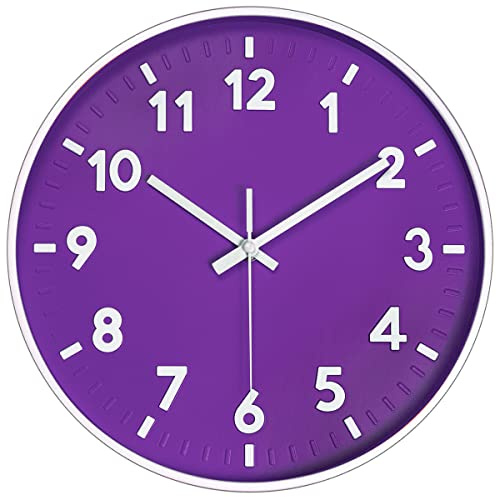 JENLYSTIME 12 Inch Modern Indoor Outdoor Clock,Round Bright Colorful Dial,Non Ticking Silent Quartz Battery Operated Wall Clocks,Easy to Read Simple Style Decor Clock for Bedroom,Kitchen(Purple)