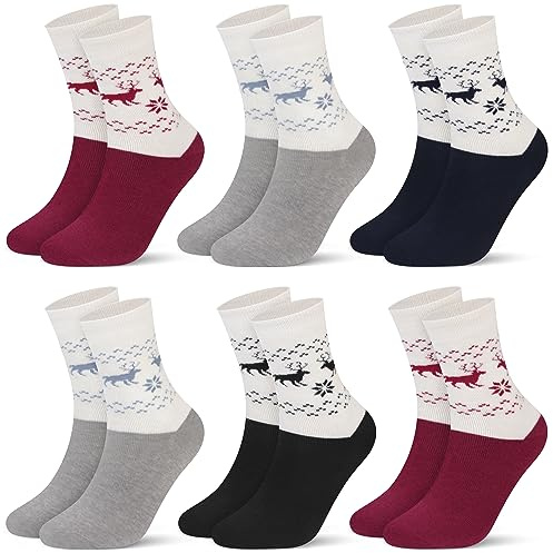 Libella 6/12 Paar Wintersocken Damen Dicke Thermosocken Warmesocken Lustige Socken Weihnachtssocken mit Innenfrottee Vintage Stil Baumwolle warm Wollsocken Bunt 92214VA