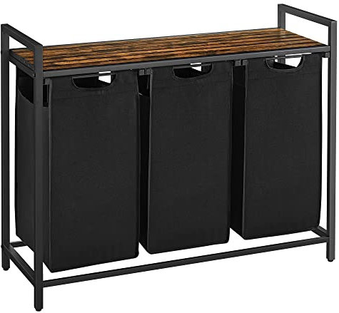 VASAGLE Laundry Basket, 3-Compartment Laundry Hamper, Pull-Out and Removable Liner Bags, Clothes Sorter, Shelf, Metal Frame, 3 x 40 L, 92.5 x 33 x 72 cm, Ink Black and Rustic Brown BLH301B01