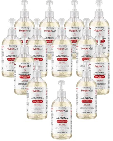 Hygen Gel Mani Disinfettante Igienizzante 12 Litri Antibatterico Sanificante Alcool 75% Elimina Virus Naturale con Aloe Vera e Timo Senza Risciacquo Profumato al Limone - 24 Flaconi da 500 ml