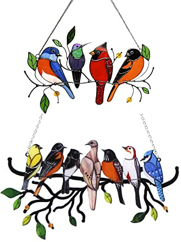 2 Stück Deko Vogel Wandschmuck,Metall Vögel gebeizt Acryl Fensterbehang,Wohnzimmer Schlafzimmer Garten Balkon Wanddeko(11 Vögel)