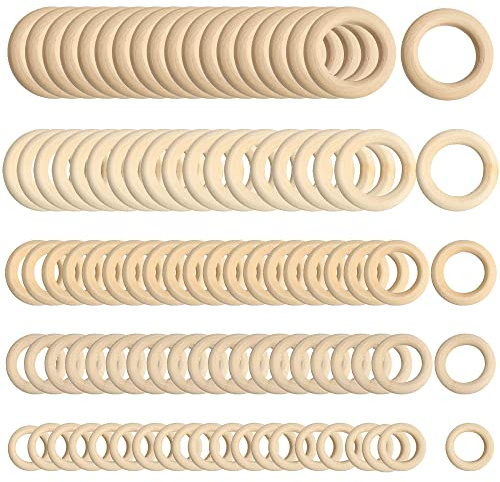 Woohome 100 Stück Holzringe Naturholz Runde Ringe Makramee Ringe Wohnkultur, DIY Schmuckherstellung Projekte, Anhängerverbinder Perle, 5 Größe