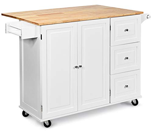 GiantexUK Large Kitchen Island, Extendable Rolling Storage Trolley with 3 Drawers and Adjustable Shelves, Dining Room Sideboard Utility Cart (White)