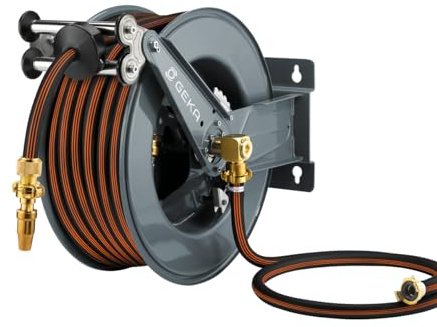 GEKA plus Avvolgitubo automatico PA30GSK (avvolgitubo robusto, struttura in acciaio, ritiro automatico, blocco graduale, con tubo dell'acqua in gomma da 25 m)