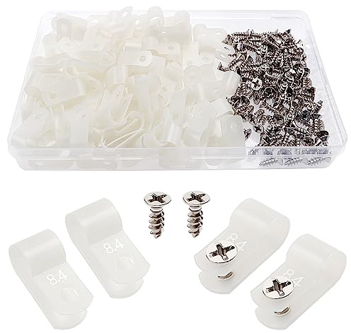 VooGenzek 100 Stück 8.4mm (5/16 Zoll) Nylon R-Type Kabelhalter, R Typ Cable Clip Drahtklemme mit 100 Stück Schrauben, für Drahtmanagement (Weiß)