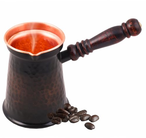STAGLIFE Antique Copper Turkish Greek Arabic Thick Coffee Pot with Wooden Handle Cezve Ibrik Briki Stovetop Coffee Maker (Large)