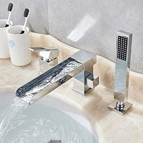 SilteD Wasserfall-Badewannenarmatur mit langem Auslauf, Deckmontage, 3 Löcher, Badezimmer-Wannen-Waschbeckenmischer mit Handbrause, weit verbreiteter Chrom-Badewannenhahn, Chrom B
