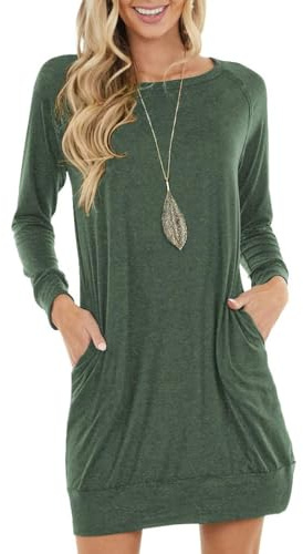 PrinStory Damen Pullover Kleid Freizeitkleider Rundhalsausschnitt Sweatkleid Mit Taschen