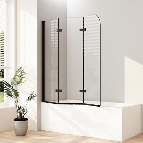 Duschwand für Badewanne 120x140cm 3-teilig faltbar Schwarz Duschtrennwand für Badewanne Duschabtrennung Badewanne, Badewannenaufsatz 6mm ESG Sicherheitsglas