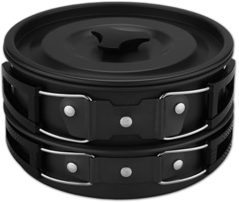 Camping Cookware Mess Kit - Small Camping Cooking Set for 1 - Compact Lightweight and Durable Pot Pan Bowls Sporks Set for Backpacking Hiking and Survival