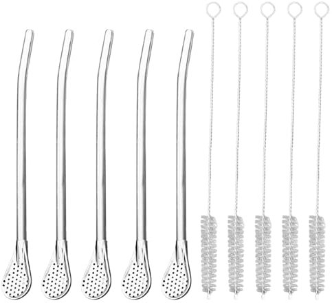 Cuchara de paja de filtro de pajita de acero inoxidable reutilizable, pajitas de cuchara con 5 piezas cepillos de limpieza de paja de acero inoxidable para café jugo té leche(COLOR:plata)
