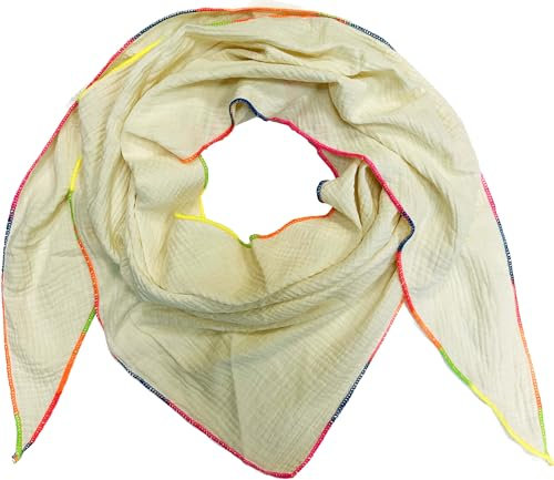Dreieck Schal aus 100% Baumwolle mit Neon Ränder Frühling Unisex Uni Fashion Stola Tuch Übergangszeit Italy Sommer Lana Wolle Strickschal Strick Tuch (Beige)