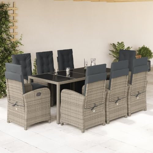SECOLI Polyrattan Sitzgruppe Garten Essgruppe 8 Personen Rattan Gartenmöbel Set mit 8 Rattansessel Hochlehner Verstellbar Essgruppe Outdoor Gartengarnitur Sitzgarnitur Grau 9-tlg-Type-212