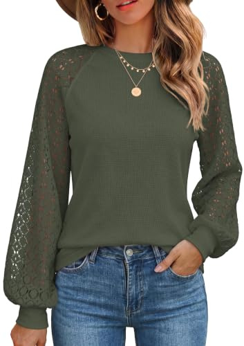Zeagoo T-Shirt Damen Langarm Elegant Langarmshirt Soft Mesh Bluse Shirt Tops Casual Arbeit Armeegrün XL