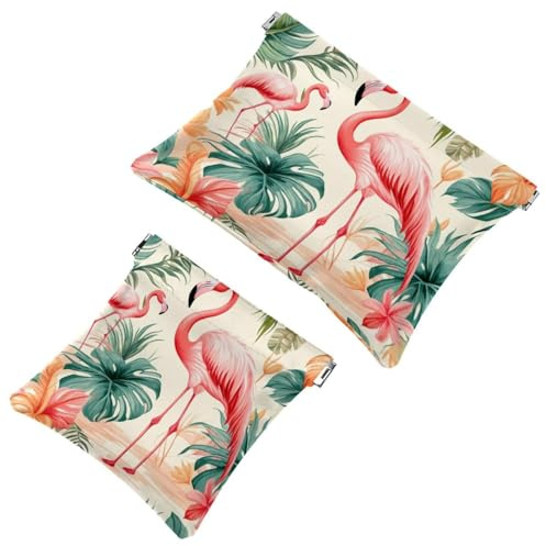 Pink Flamingo and Tropical Plants Pocket Cosmetic Bag, Waterproof Squeeze Makeup Bag No Zipper Self-Closing, Portable Mini Travel Storage for Headphones Jewelry