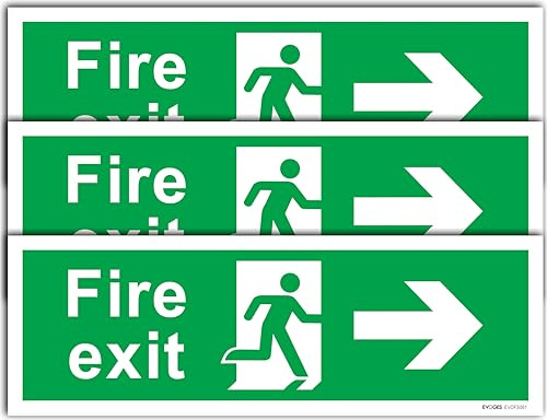 Evoges 3-Pack Fire Exit Sign (Arrow Right) 300x100mm | Self Adhesive Vinyl Safety Sticker, Commercial Emergency Exit Signs for Office & Warehouse