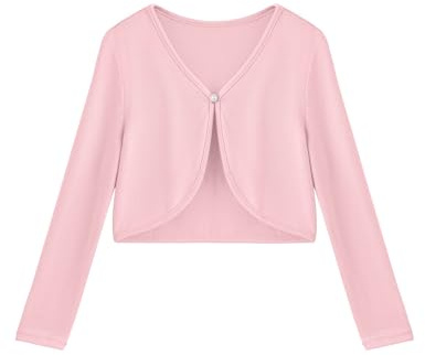Arshiner Bolero för flickor med öppen framsida kofta för barn bolero stickad med långa ärmar och knappstängning, Rosa, 140