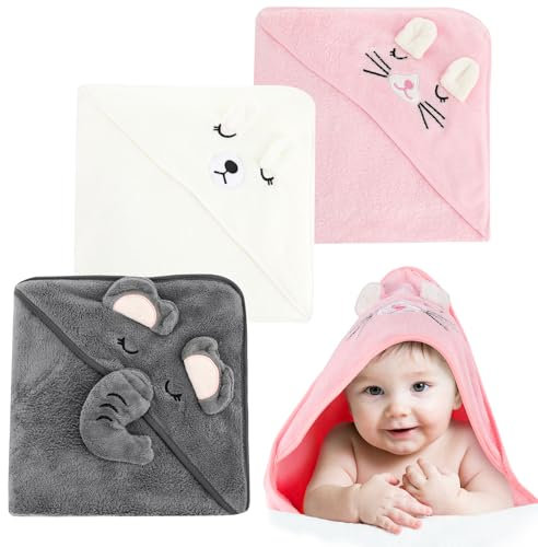 Kaisibum 3-teiliges Kapuzenhandtuch Baby Set, 82 x 77 cm, Baby Badetuch Set mit Kapuze, Weich & Super Saugfhig, Niedliches Badeponcho, Unisex Baby