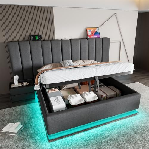 Moimhear Polsterbett 180×200cm, Doppelbett Stauraumbett mit LED und USB-C Ladefunktion, Bettgestell mit Lattenrost, Leinen, Ohne Matratze und Nachttisch (Grau, 180x200cm)